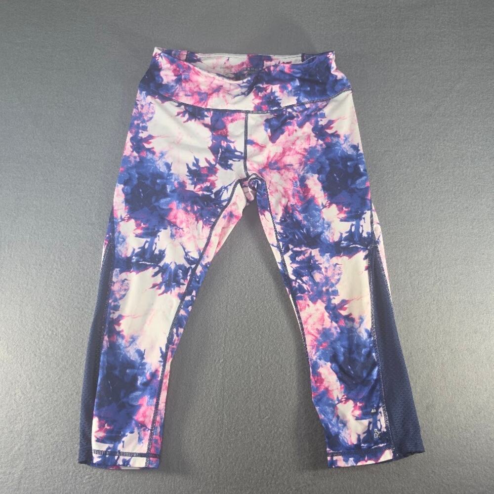 Reebok Capri Leggings Womens Medium Pink Blue Tie Dye Mesh Trim Crop Yoga Pants